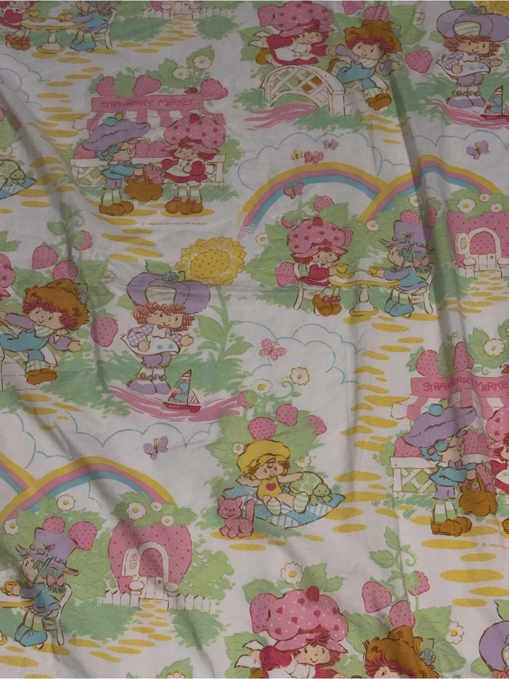 VTG 80s Strawberry Shortcake Twin flat Sheet American Greetings Rainbows Friends